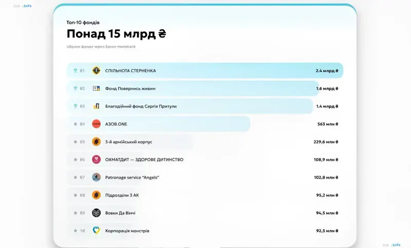 Top-10-Ranking der ukrainischen Wohltätigkeitsfonds: Spilnota Sternenka führt mit 2,4 Mrd. UAH an