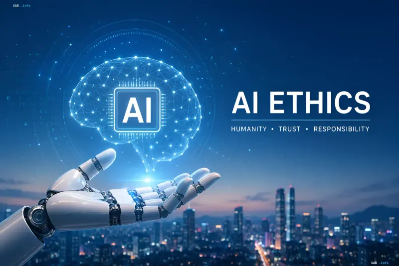 Роботизированная рука с голографическим мозгом и надписью AI на фоне ночного Сеула — иллюстрация национальных этических принципов искусственного интеллекта Южной Кореи