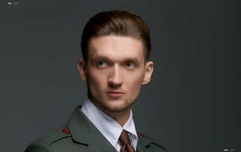 Porträt eines Mannes im Bild der Marke YARMICH: elegante Frisur, maßgeschneiderte Passform und eine edle Farbpalette, die die Philosophie der Herrenmode unterstreichen