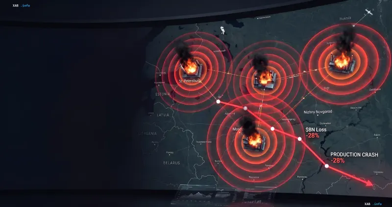Map of Russia showing Lukoil's key refineries shut down: burning plants and a 28% production crash