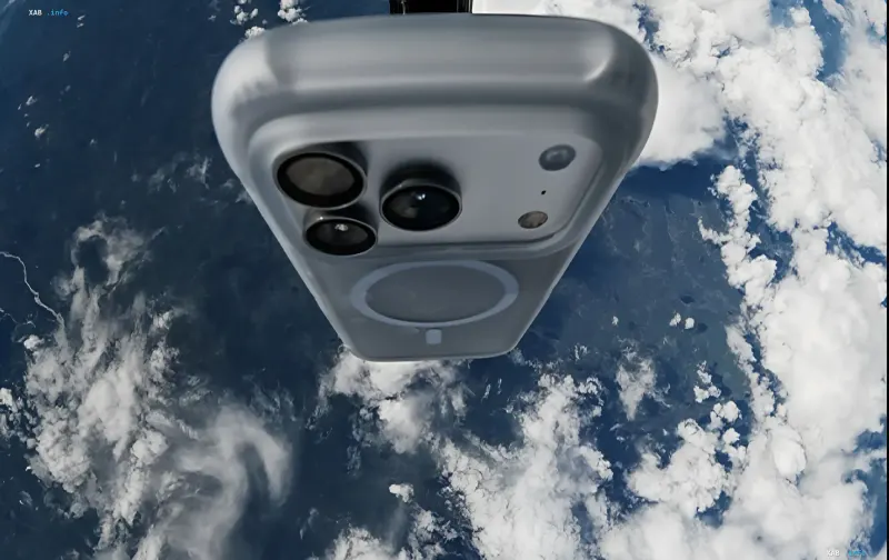iPhone 17 Pro im freien Fall aus der Stratosphäre vor dem Hintergrund von Wolken und Ozean der Erde