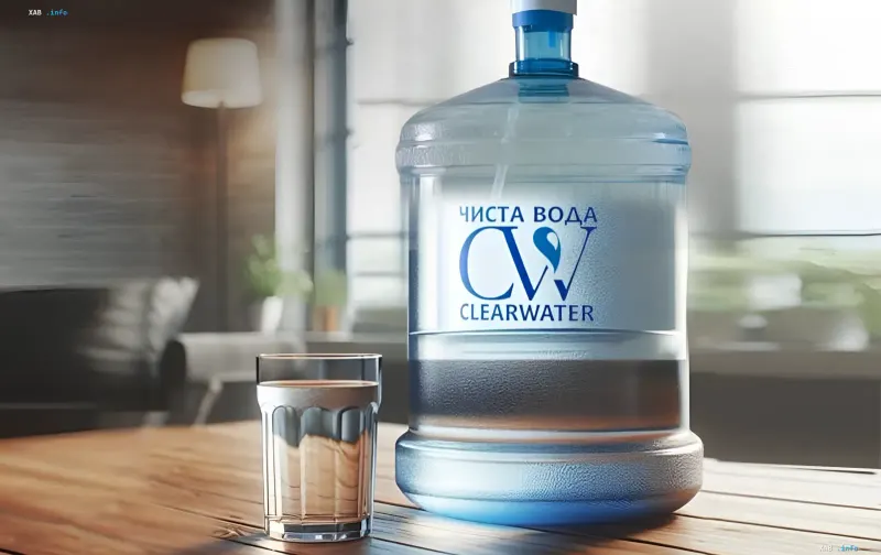 Бутылка питьевой воды бренда «Чистая вода» (Clearwater) и стакан с водой на деревянном столе — производство остановлено после российского удара по Миле