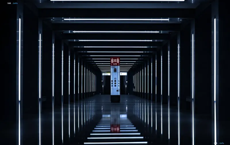 Futuristischer Rechenzentrums-Korridor mit Neonlichtlinien — die Infrastruktur des KI-Supercomputers LUMI-AI, gebaut von Bull für Europa
