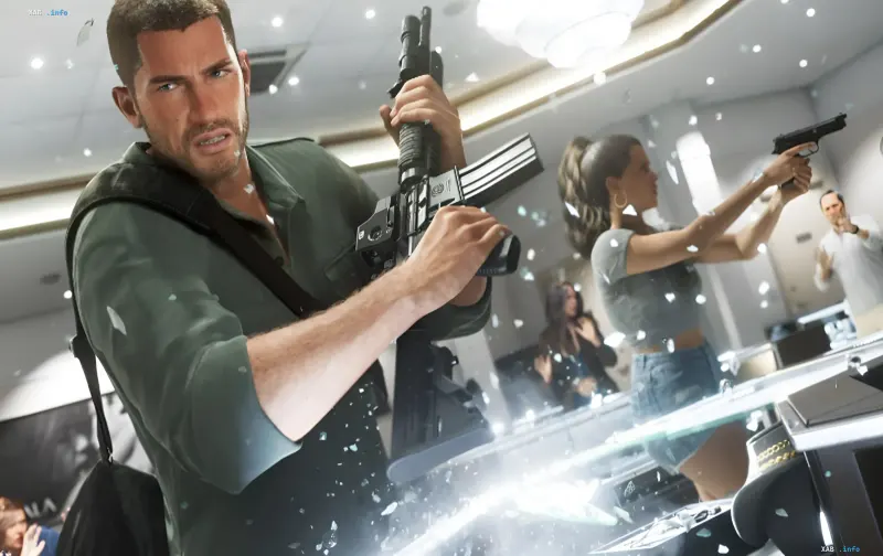 Сцена ограбления ювелирного из GTA 6: герой с автоматом и напарница с пистолетом — новые механики управления и спринта от Rockstar