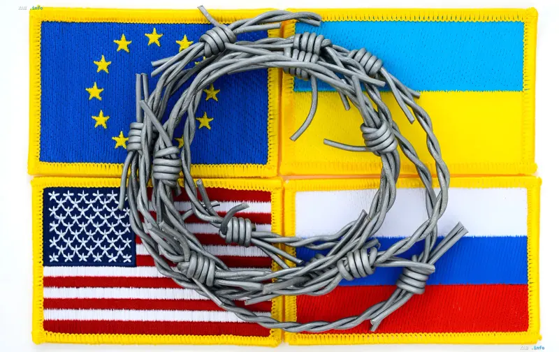 Flags of the EU, Ukraine, USA and Russia with barbed wire — symbol of sanctions standoff and nuclear equipment exemption for Bulgaria