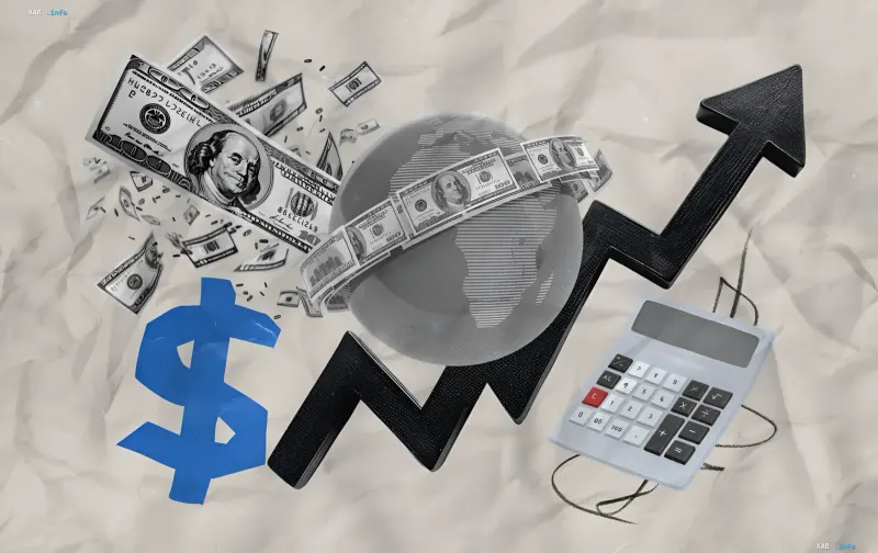 Kursanstieg von Dollar und Euro: steigender Graph, Dollarzeichen, Taschenrechner und fliegende Scheine — wo man am 3. September 2026 in ukrainischen Banken Währung günstiger kauft