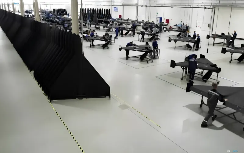 Fließbandmontage von Geran-Kamikonedrohnen in einer russischen Fabrik: Arbeiter an Werkbänken und Reihen von Flügeln für den Ausstoß von rund 2000 Strahlfluggeräten