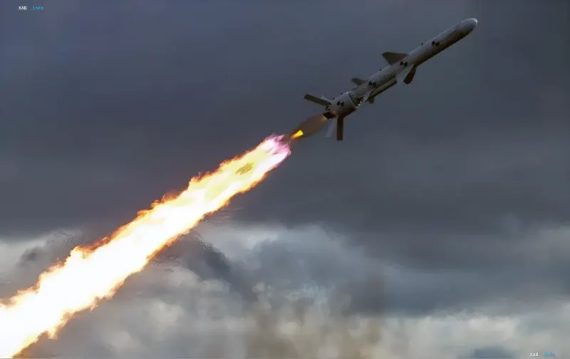 Start einer ballistischen Rakete mit Feuerpfad vor Gewitterwolken im Rahmen der Vorbereitung auf Angriffe auf die Ukraine