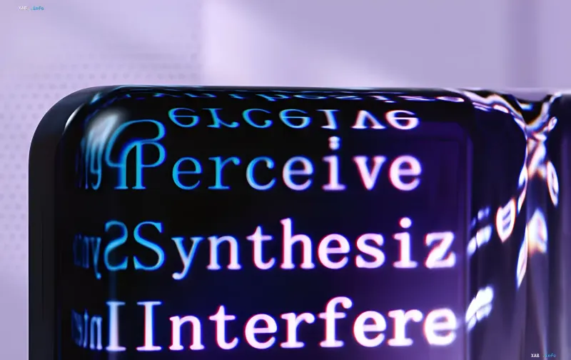 Glossy chip with neon labels Perceive, Synthesize and Interfere — visualization of Google Gemini AI that proposed a scientific hypothesis in 48 hours