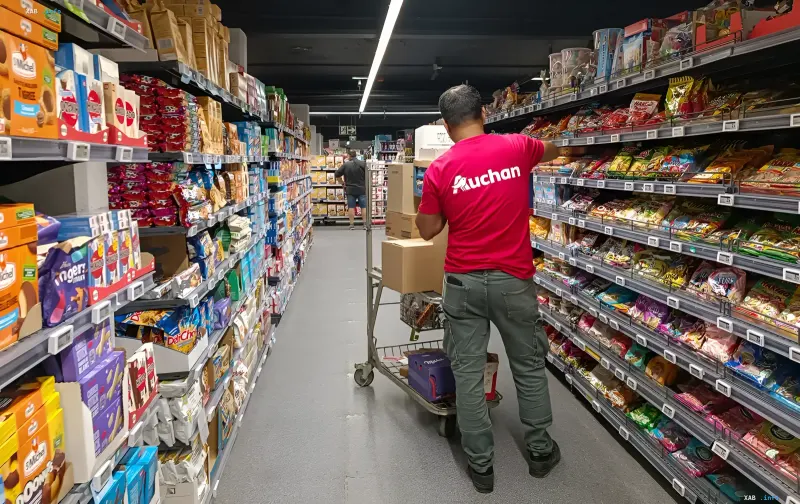 Сотрудник Auchan в розовой футболке с логотипом сети у тележки с коробками бакалеи в проходе супермаркета на фоне полок с продукцией