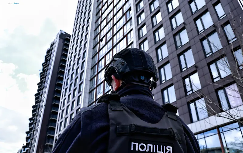 Полицейский в тактическом снаряжении и бронежилете с надписью ПОЛІЦІЯ на фоне многоэтажных зданий Киева — инцидент со стрельбой при задержании в Соломенском районе