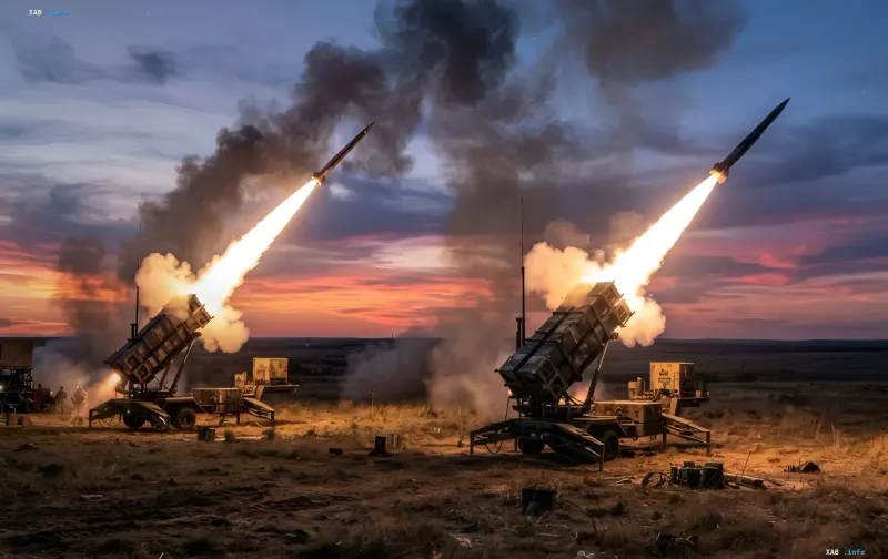 Запуск ракет Patriot з пускових установок на тлі заходу сонця — протиповітряна оборона України, фінансована кредитною програмою ЄС на 90 млрд євро