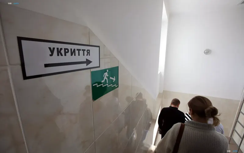 Schutzraum-Schild und Evakuierungszeichen auf einer Treppe in einem Gebäude während einer Luftalarmwarnung in der Ukraine