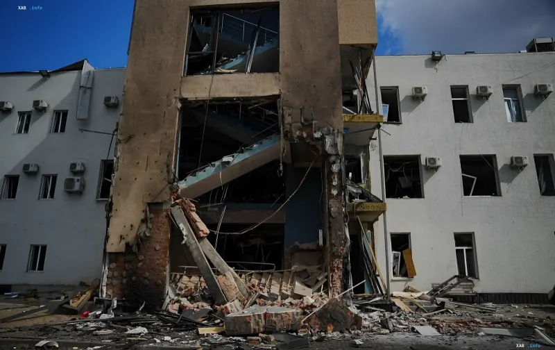Destroyed building of My-Ukraina TV channel in Kyiv after a Russian drone hit the newsroom