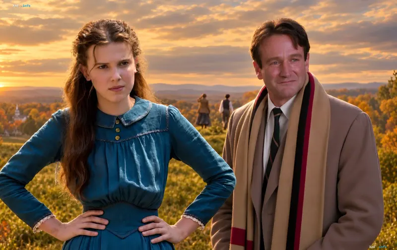 Two characters in period costumes against a golden autumn sunset — a moody frame for a fall film roundup