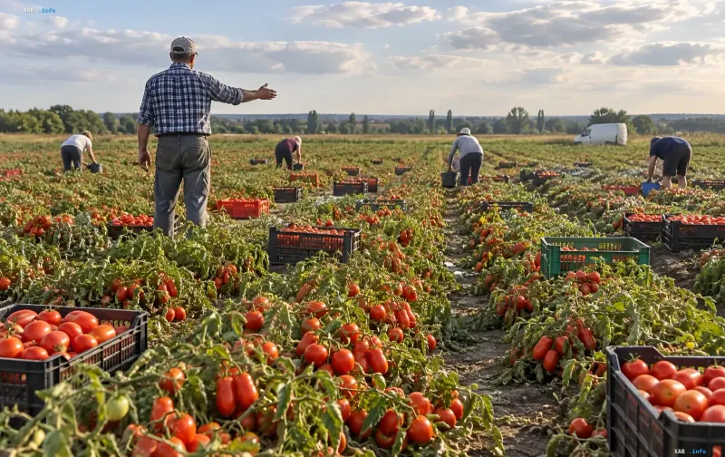 Ukrainischer Bauer auf einer Tomatenfeld, der Arbeiter bei der Ernte für die Selbstpflück-Aktion für 10 Hrywnja anleitet