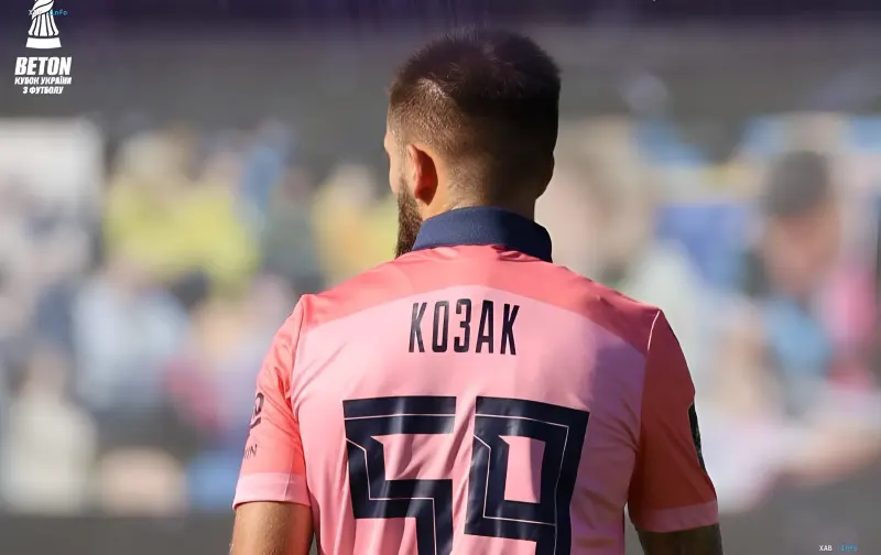 Epitsentr player Kozak in a pink jersey with number 59 on his back during the Ukrainian Cup match where he scored a hat-trick