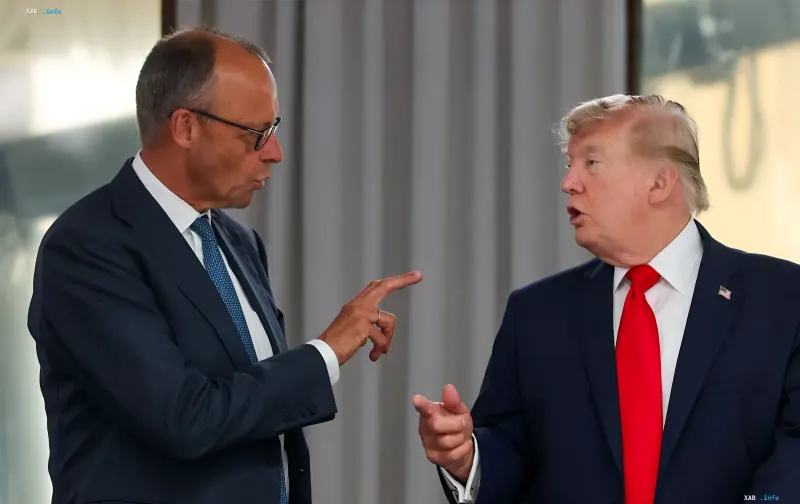 Friedrich Merz zeigt mit dem Finger auf Donald Trump während eines angespannten Austauschs nach der Absage des Telefonats wegen der Glückwünsche zum AfD-Sieg in Sachsen-Anhalt