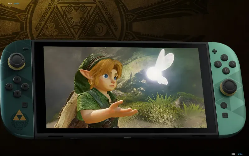 Юбилейная Nintendo Switch с зелёными Joy-Con и логотипом Triforce, на экране Link из The Legend of Zelda к 40-летию серии