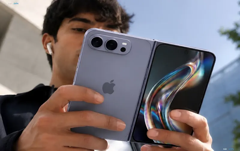 Apple's foldable iPhone Duo in a user's hands: matte back panel with Apple logo and dual-camera module