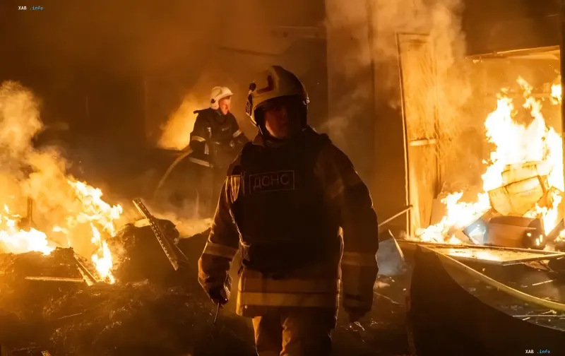 DSNS rescue workers at the fire scene after the Khmelnytskyi attack and secondary explosion at the market