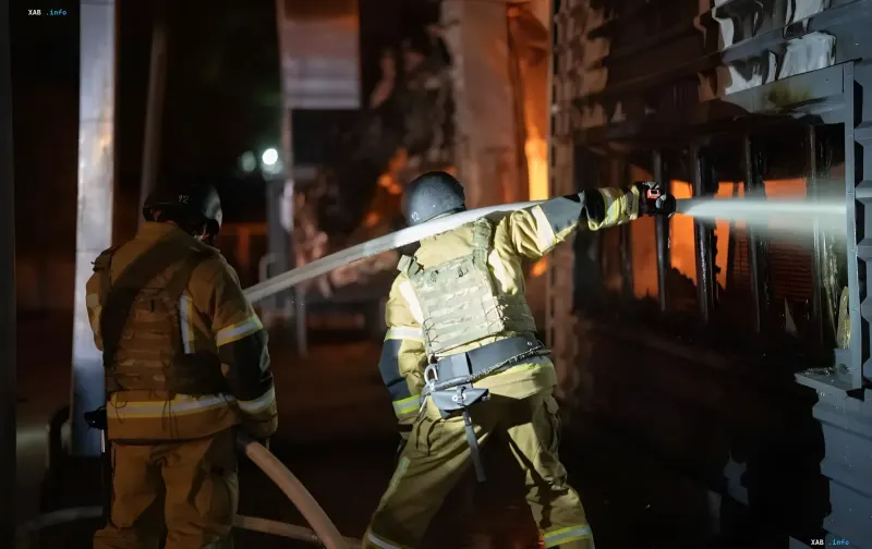 Firefighters extinguish a fire at a market in Khmelnytskyi after a Russian strike