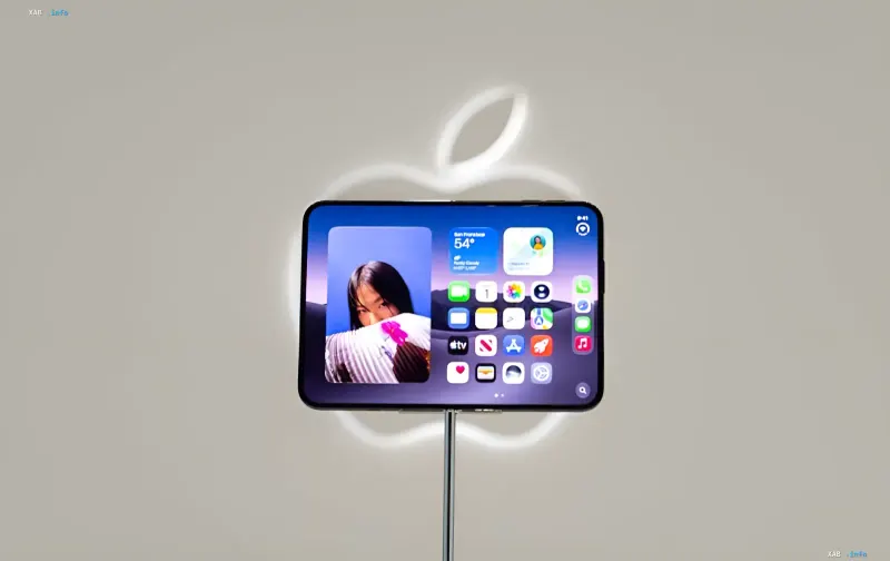 Foldable iPhone Duo smartphone on display at an Apple Store with the iOS interface visible on screen