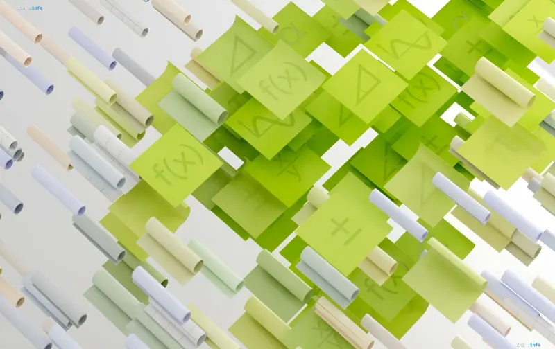 Abstract 3D visualization of mathematical formulas and symbols on green cards among pastel paper rolls — a metaphor for OpenAI's AI solution to the millennium problem and the data stream
