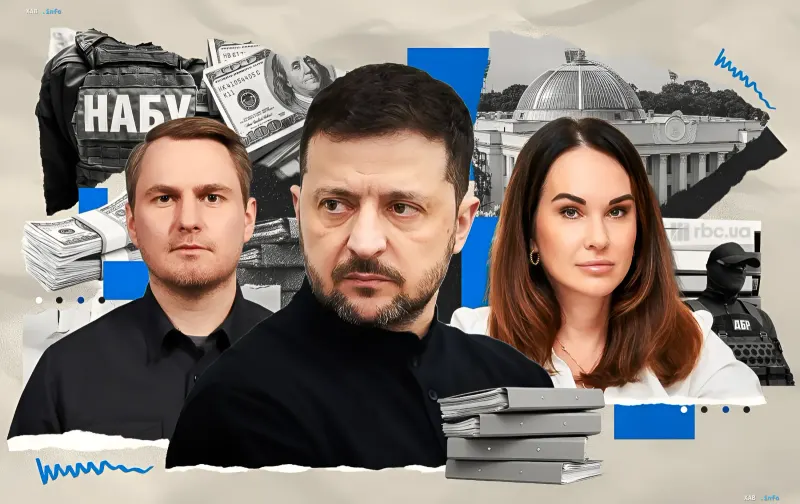 Collage: Wolodymyr Selenskyj, Oleksandr Daniluk und Julija Satiagrina vor dem Hintergrund von Korruption und Nachrichtendiensten