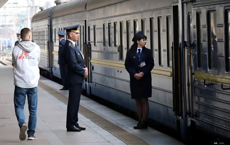 Ukrzalyznytsia staff in uniform at a platform next to a train car — launch of scholarships and starting bonuses for young specialists