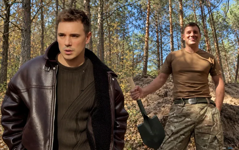 Vadim Oleynik in military uniform with a shovel near a trench in the forest — intriguing frames he later deleted
