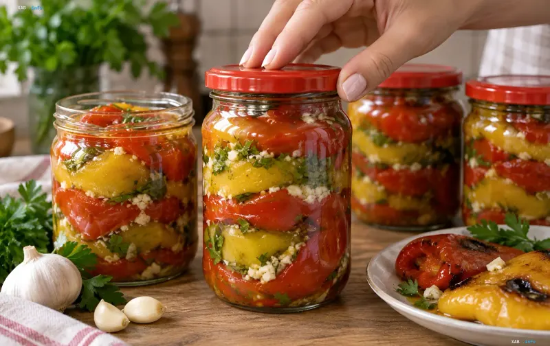 Jars of roasted pepper for winter layered with garlic and herbs, a hand twisting the lid