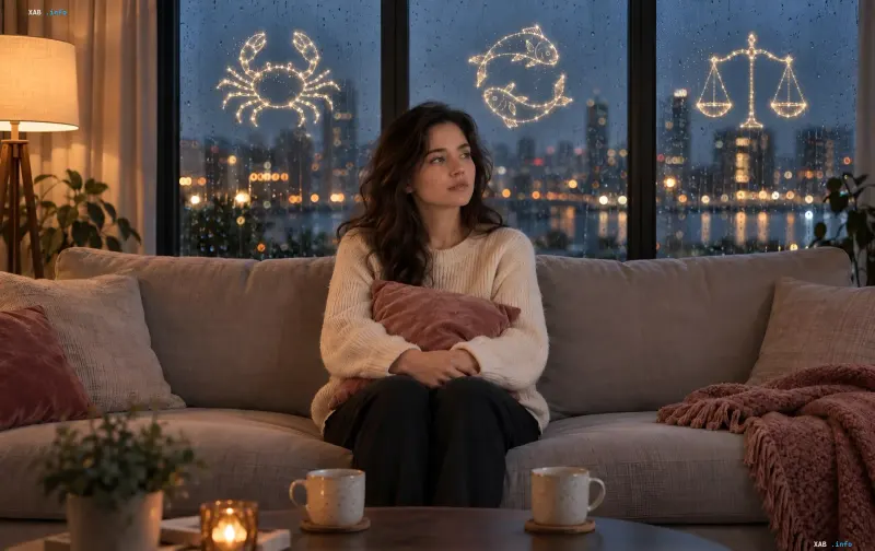 Lonely woman on a couch with Cancer, Pisces and Libra symbols glowing outside the window — zodiac signs that handle loneliness the worst