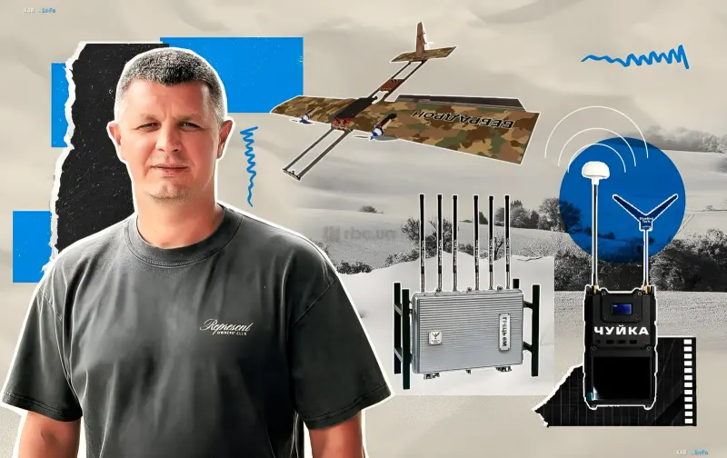 BlueBird Tech representative against a collage of Ukrainian defense products: a drone with a KAB, the GREL 6M EW system, and the Chuyka radio detector