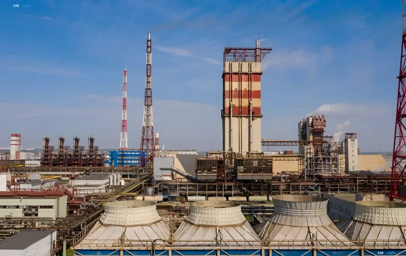 Uralchem production facilities in Berezniki: chimneys, towers and cooling columns of the chemical plant targeted by a drone attack
