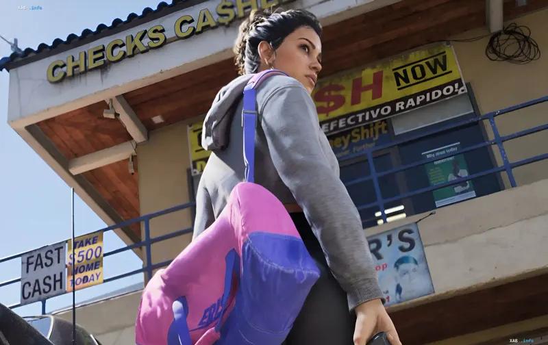 GTA 6-Charakter mit Rucksack vor einer FAST CASH-Geldwechselstelle — Rockstars neues finanzielles Fortschrittssystem