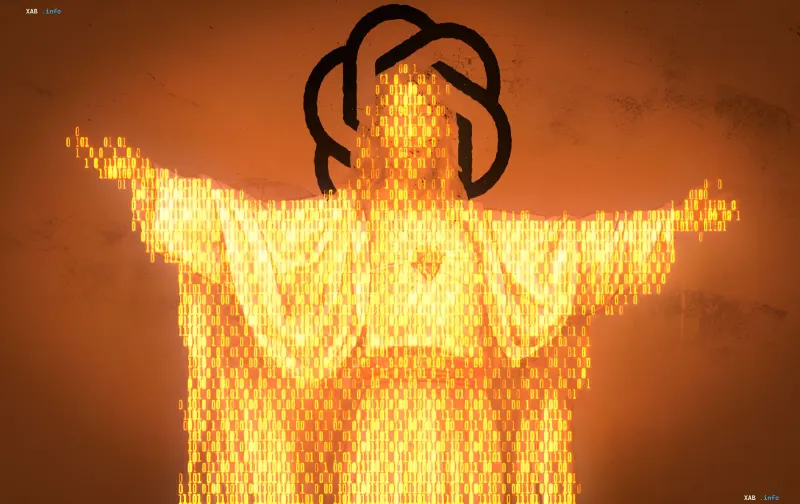 Gestalt einer Person aus Binärcode mit dem OpenAI-Logo auf dem Kopf und erhobenen Armen — Metapher für die Klage gegen ChatGPT wegen eines genährten Größenwahns