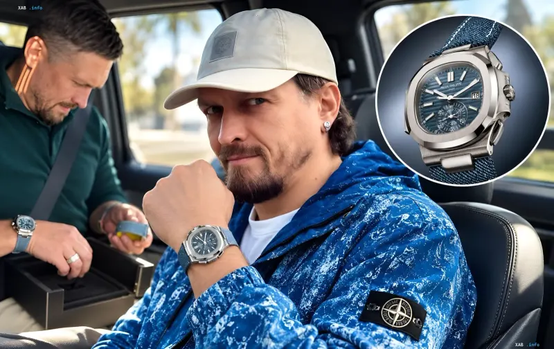 Усик в автомобиле демонстрирует часы Patek Philippe с синим циферблатом, круглая вставка с крупным планом часов