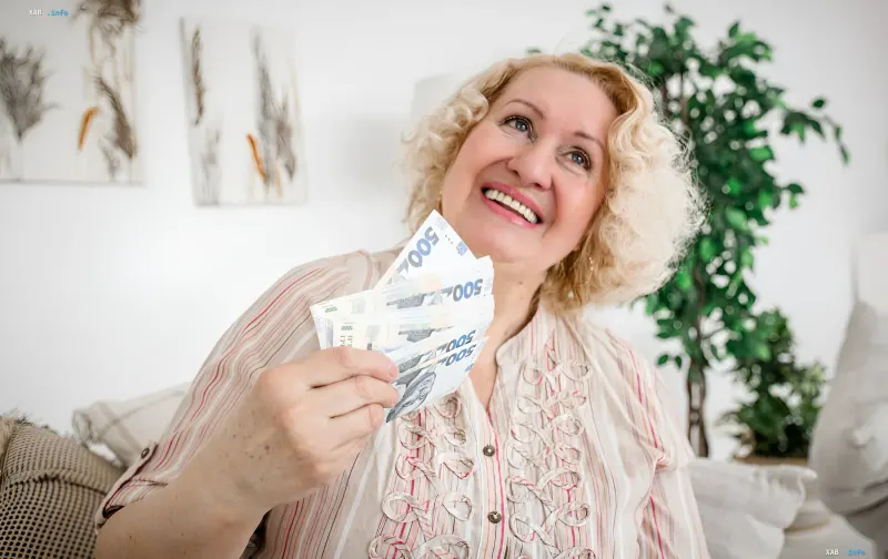A smiling elderly woman holding a stack of banknotes — illustration for the news about receiving a six-month pension advance when leaving the country