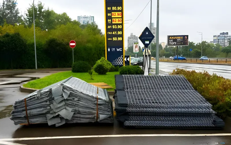 : Stapel aus Gabionen und schützenden Metallplatten an einer Ukrnafta-Tankstelle in Kiew zum Schutz vor Drohnenschlägen