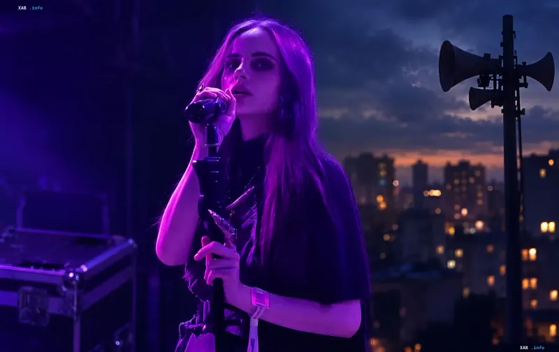 Ukrainian singer Valeria Furman singing into a microphone against the backdrop of a city siren at dusk