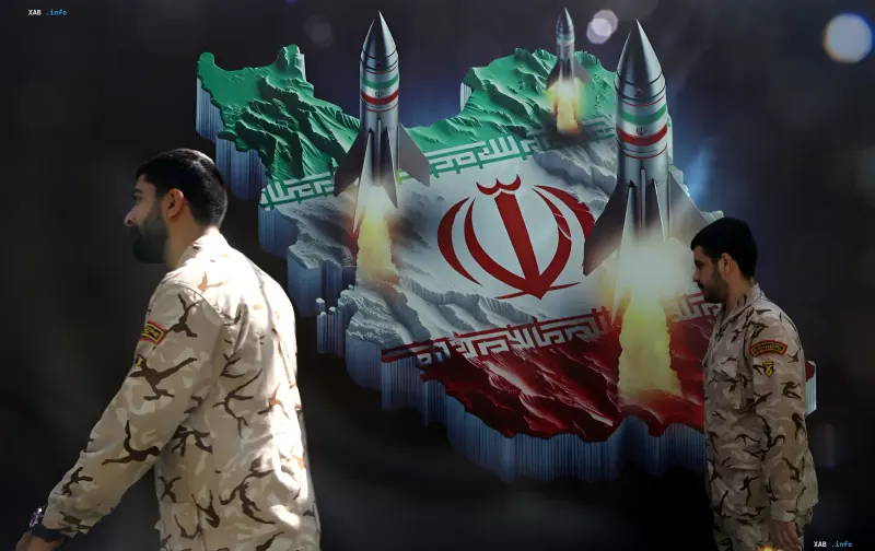 Soldiers in front of a map of Iran with missiles and Geranium drones for strikes on the US and Israel