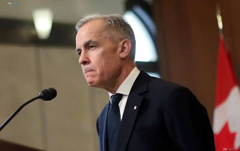 Canadian Prime Minister Mark Carney speaks at a podium with a microphone, Canadian flag in the background, in the context of the plan to create an EU associated member status