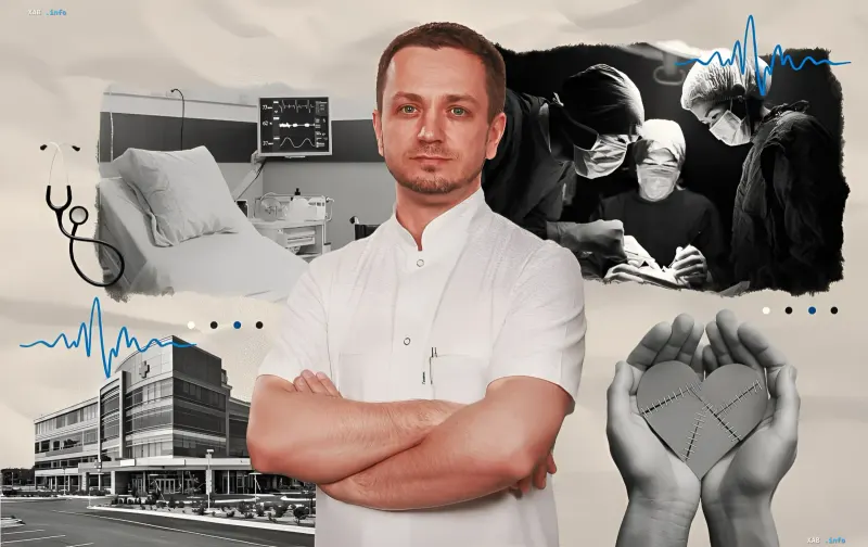 Хирург перед операционной с фоном трансплантации сердца и больницы