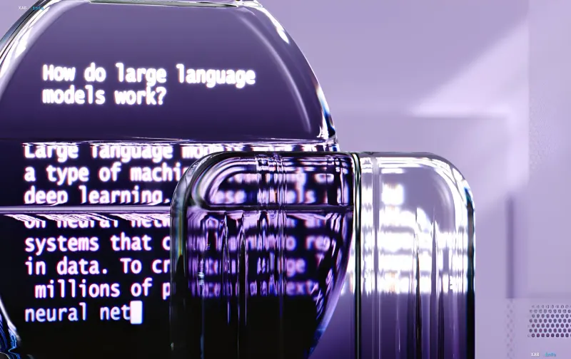 Illustration des KI-Modells Claude von Anthropic: ein stilisierter Roboter mit Text über die Funktionsweise großer Sprachmodelle vor dem Hintergrund des Versuchs, Biowaffen zu erstellen
