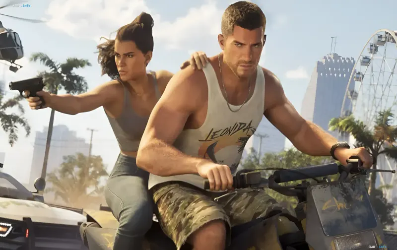 Lucia und Jason in einer GTA 6-Szene: Motorrad, Pistole und Vice City im Hintergrund