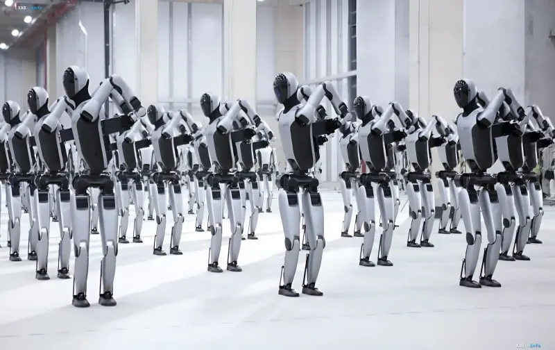Rows of humanoid robots on a mass-production conveyor line in China performing a synchronized motion