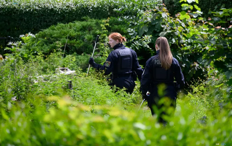 German police officers in tactical gear with POLIZEI markings search a dense vegetated area as part of a large-scale operation to locate a crashed drone near a Bundeswehr air base in Hanover