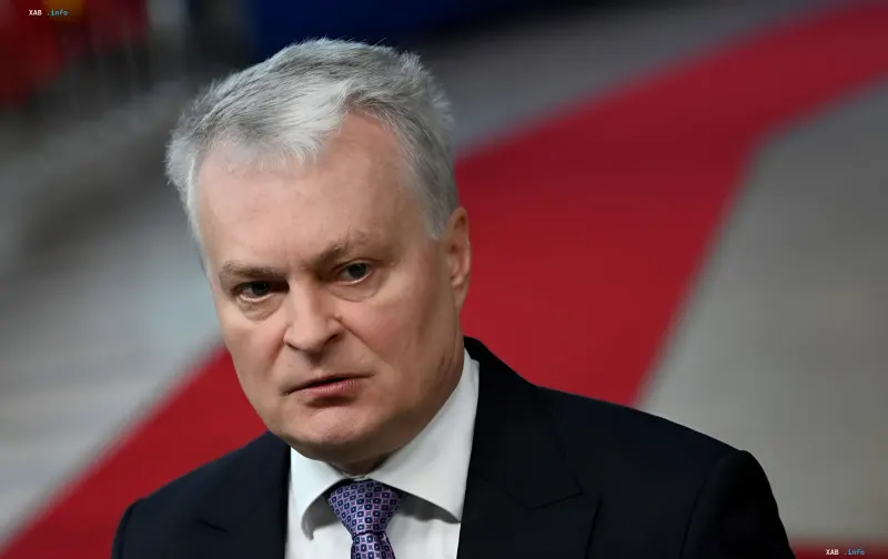 Litauens Präsident Gitanas Nauseda vor der Nationalflagge kommentiert den abgeschossenen russischen Gerbera-Drohne
