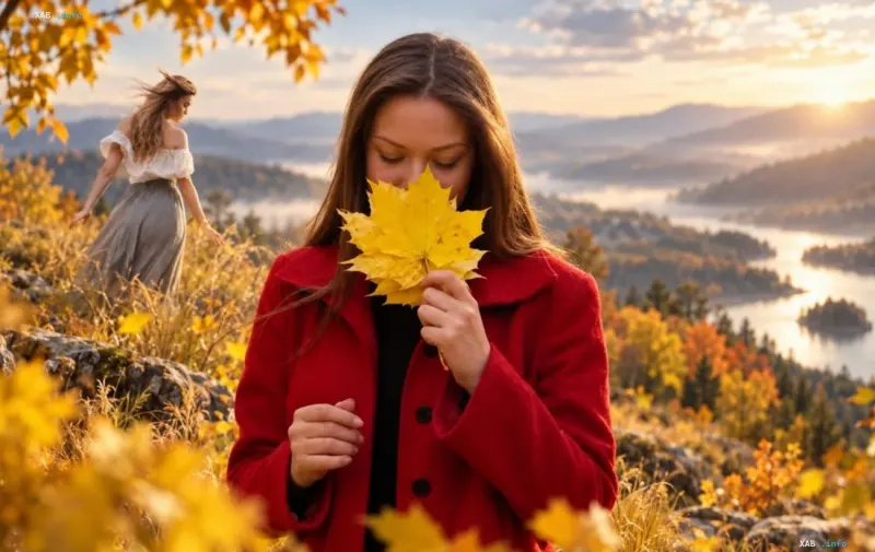 Young woman in a red coat holding a yellow maple leaf in an autumn landscape — the image of the name Milana